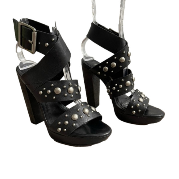 VERA Wang Lavender Label Black Leather Heel Sandals with Studs - Picture 7 of 10